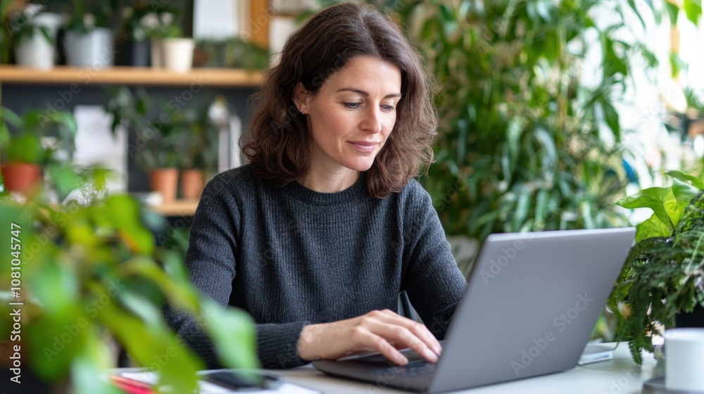 Woman working on a laptop in a bright room filled with green plants Woman working on a laptop in a bright room filled with green plants