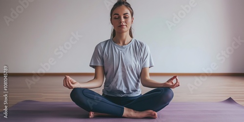 A woman practices yoga meditation indoors on a purple mat, focusing on balance, mindfulness, flexibility, and inner calmness, embodying serenity and strength through her holistic practice photo