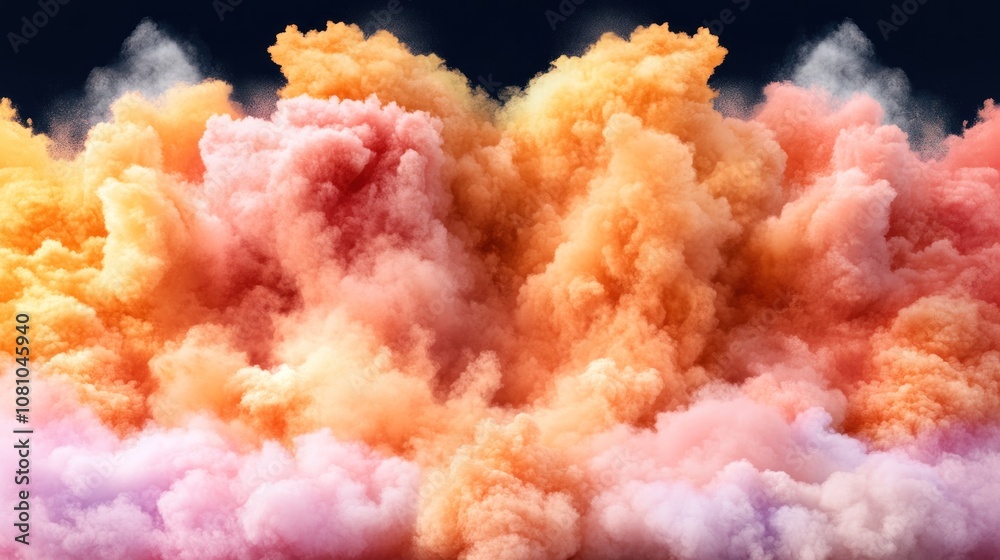 A burst of vibrant orange, pink, and purple smoke billows dramatically into the air, showcasing a striking visual against a deep black backdrop during an artistic demonstration A burst of vibrant orange, pink, and purple smoke billows dramatically into the air, showcasing a striking visual against a deep black backdrop during an artistic demonstration