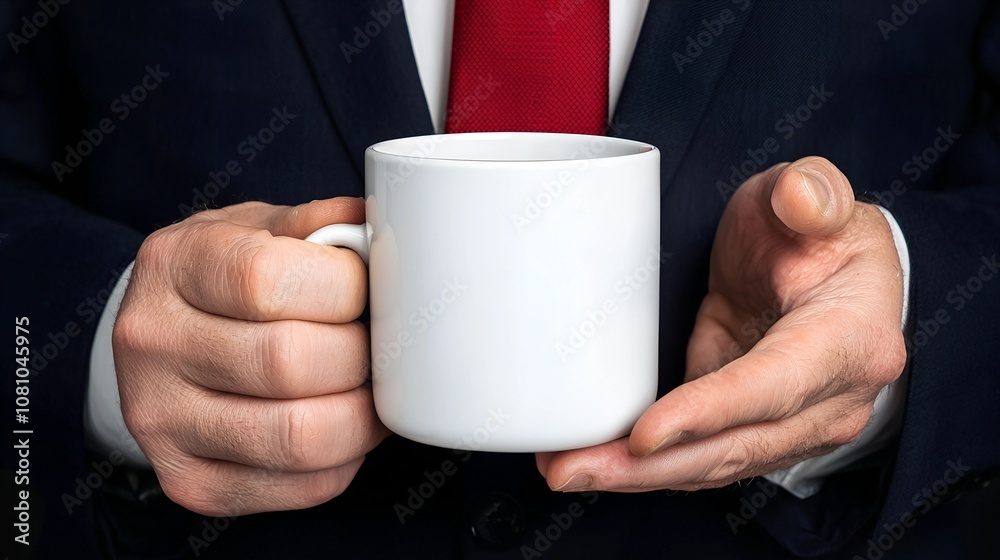 A businessman in a suit holding a blank white coffee cup, ready for a meeting.