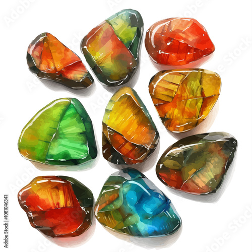 A watercolor vector of a set of ammolite stones, isolated on a white background. Ammolite stones vector.