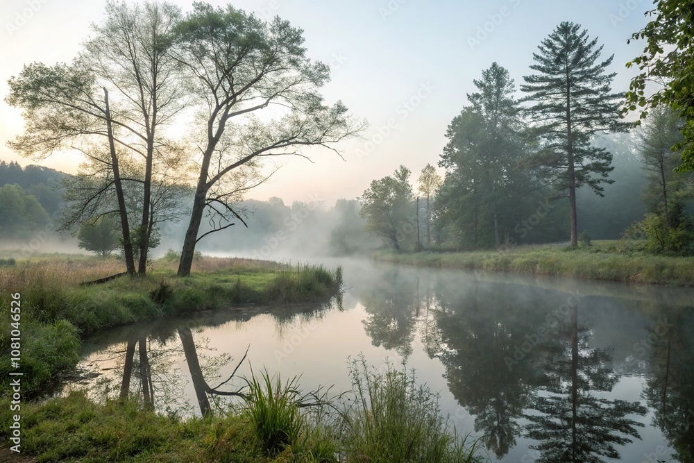 Obraz premium misty morning with a small pond reflecting the surrounding trees, leaves, water's edge, dew