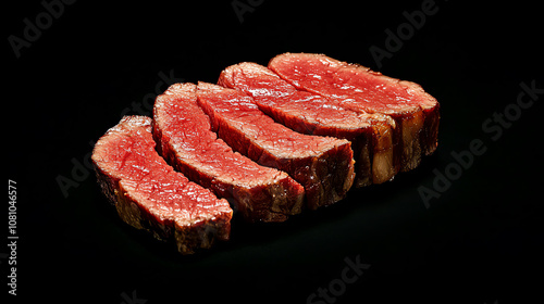 Sliced mediumcooked steak, black background, warm luxury lighting, highquality texture detail on the steak photo