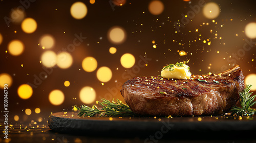 Steak with herbs and butter, luxury background with gold accents, soft lighting, ultrarealistic textures