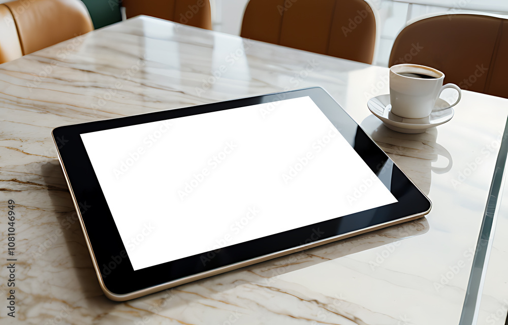 Tablet with Blank Screen on Marble Table with Coffee Tablet with Blank Screen on Marble Table with Coffee