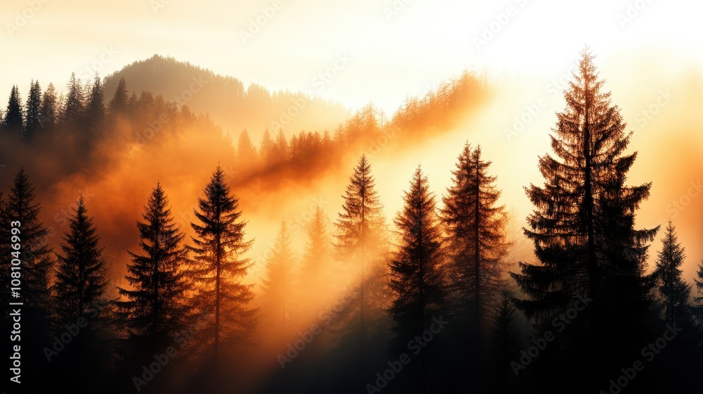 Tall pine trees in a misty forest are beautifully illuminated by golden rays of sunlight, creating a serene and ethereal landscape that's both calming and majestic. Tall pine trees in a misty forest are beautifully illuminated by golden rays of sunlight, creating a serene and ethereal landscape that's both calming and majestic.