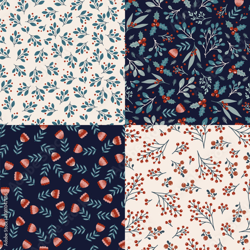 Floral seamless pattern design, hand drawn set of digital paper, wallpaper, reapeating vector background with elegant cute flowers and floral branches.