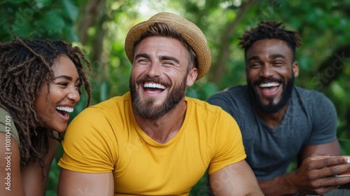 group of three friends shares a lighthearted moment, laughing together in a vibrant, green outdoor setting under sunlight, showcasing their happiness and camaraderie