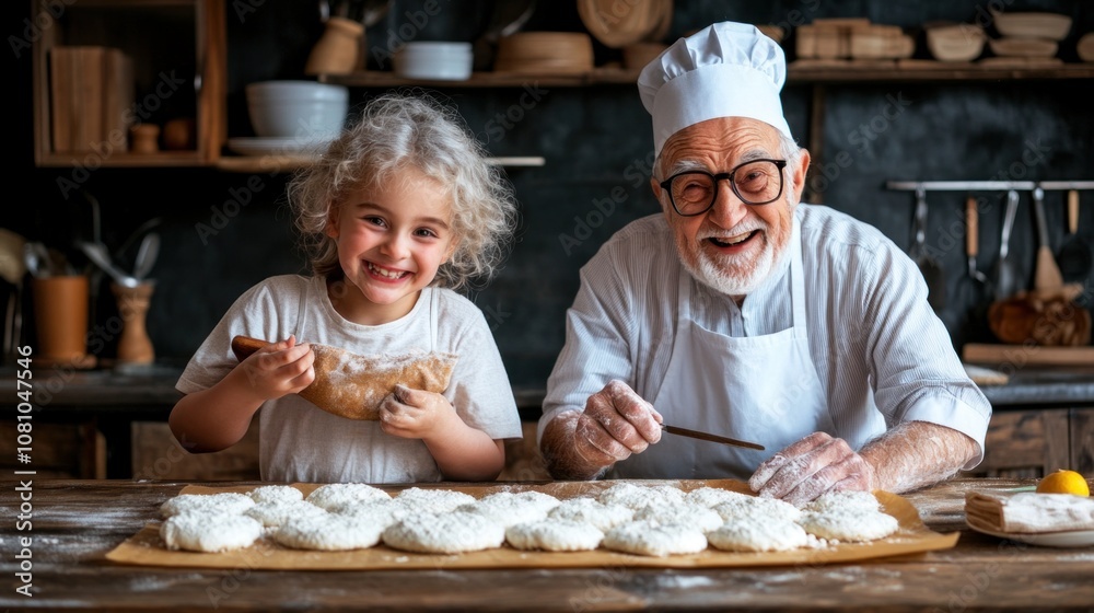 An elderly chef and a cheerful child are happily preparing dough together in a warm, rustic kitchen. Flour dust fills the air as they share laughter and enjoy their baking time An elderly chef and a cheerful child are happily preparing dough together in a warm, rustic kitchen. Flour dust fills the air as they share laughter and enjoy their baking time