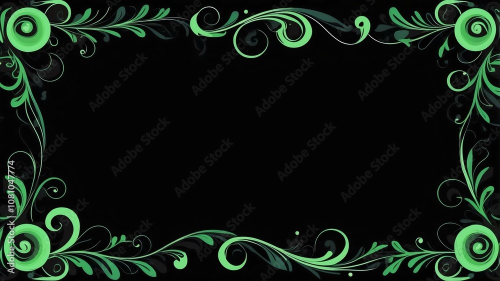 Cute green and black swirls with stars border frame on black background Cute green and black swirls with stars border frame on black background