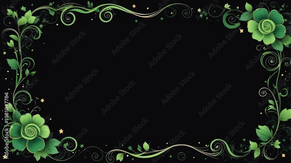 Cute green and black swirls with stars border frame on black background Cute green and black swirls with stars border frame on black background