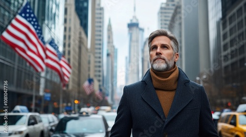 In a bustling New York City setting, a man with a beard strolls along the street, taking in the sights of the skyline while dressed warmly for the autumn weather