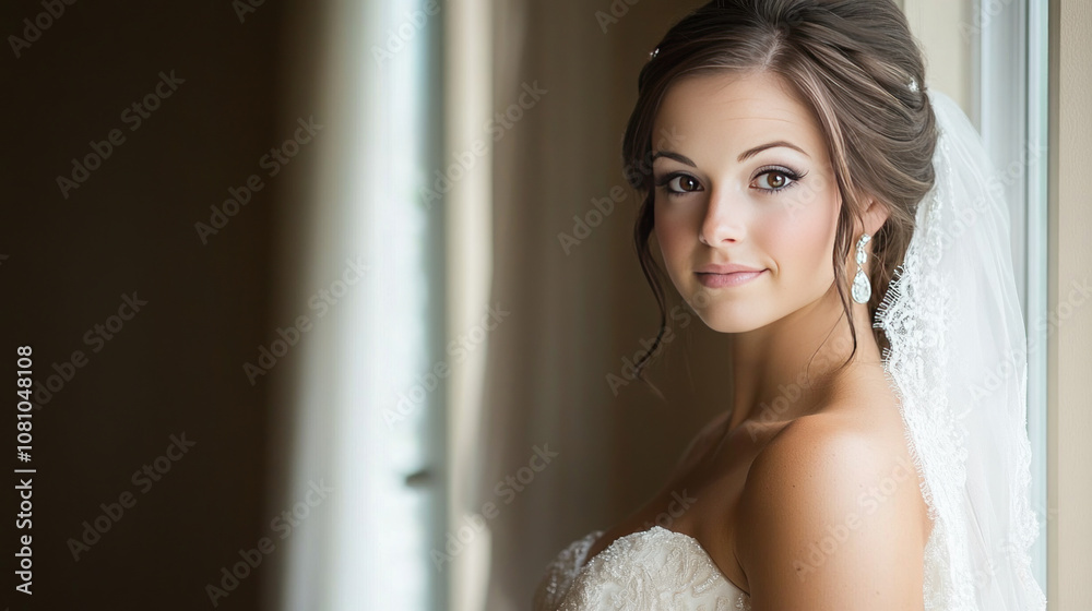 A beautiful bride stands in front of a window, her elegant hair styled for her wedding day. A beautiful bride stands in front of a window, her elegant hair styled for her wedding day.