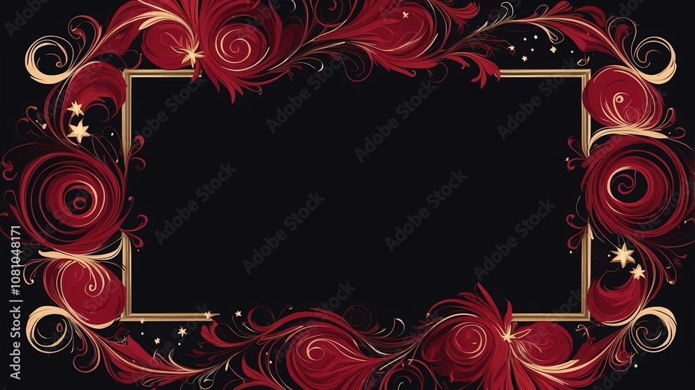 Cute crimson and ivory swirls with stars border frame on black background Cute crimson and ivory swirls with stars border frame on black background