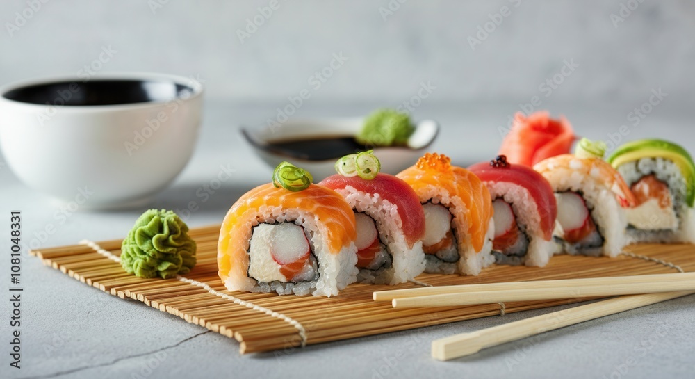 Exquisite sushi selection presented on bamboo mat with condiments Exquisite sushi selection presented on bamboo mat with condiments
