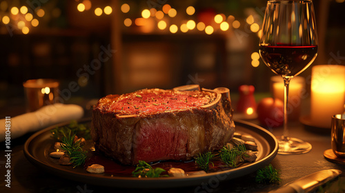 Thick, juicy mediumcooked steak, luxury table setup with wine glass, warm candlelight, ultrarealistic textures photo