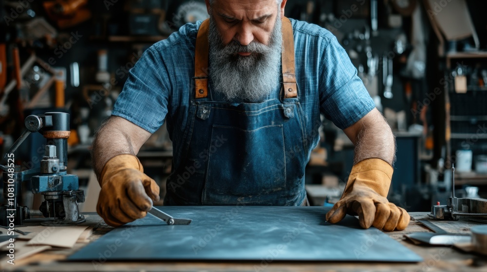 A dedicated craftsman in a workshop carefully uses a cutting tool on a piece of material, surrounded by woodworking equipment and tools, focusing intently on his task in the afternoon light A dedicated craftsman in a workshop carefully uses a cutting tool on a piece of material, surrounded by woodworking equipment and tools, focusing intently on his task in the afternoon light