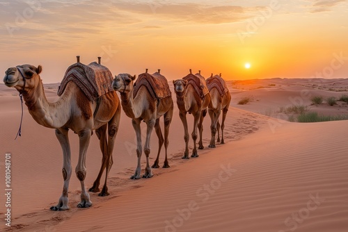 Dromedary camels walking in desert sand dunes at sunset photo