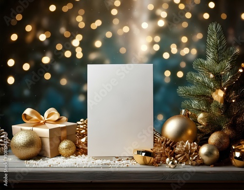 Christmas and new year design. Blank greeting card adorned with Christmas ornaments and small spruce with festive lights