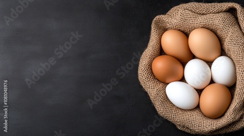 A rustic basket contains a variety of fresh eggs, showcasing shades ranging from brown to white photo