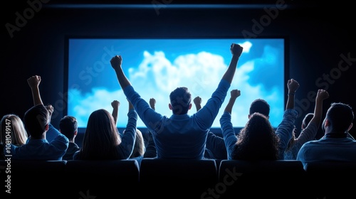 group of enthusiastic viewers reacts to a thrilling moment during a movie premiere, raising their fists in celebration in a dimly lit theater