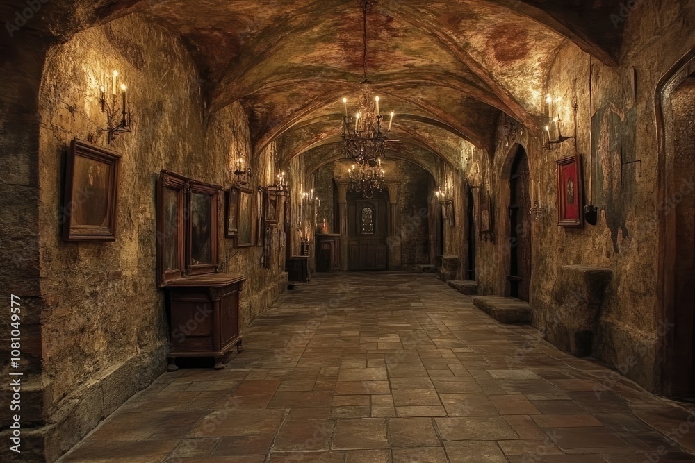 Medieval castle corridor with paintings and candelabra lighting Medieval castle corridor with paintings and candelabra lighting