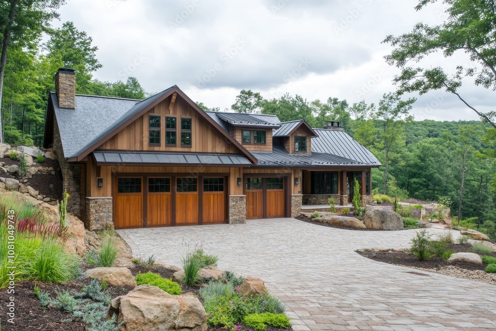 Modern mountain home with slate and metal roof featuring three-car garage Modern mountain home with slate and metal roof featuring three-car garage