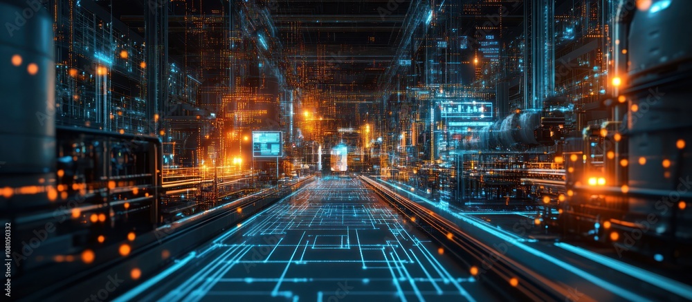 Futuristic city with glowing lights and a digital pathway. Futuristic city with glowing lights and a digital pathway.