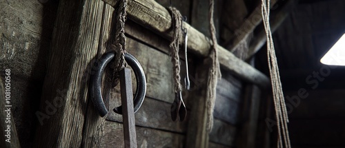 Rustic tools hanging on a wooden wall.
