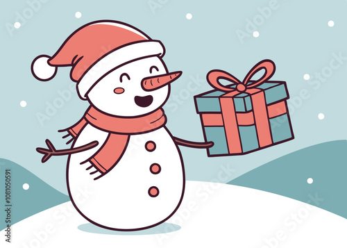 Cheerful snowman holding gift on snowy backdrop, festive illustration for holiday greeting