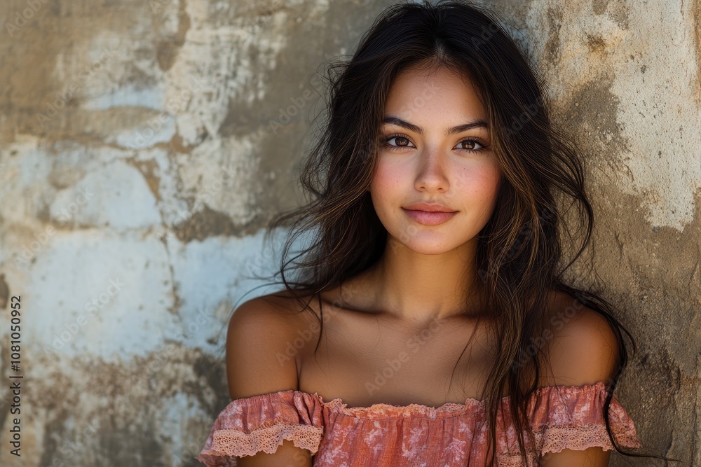 Beautiful brunette model posing with bare shoulders against grunge wall Beautiful brunette model posing with bare shoulders against grunge wall