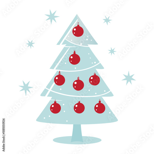 Minimalist Christmas tree illustration, red ornaments and stars, festive winter design