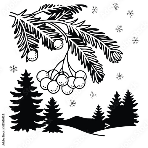 Black and white winter landscape illustration with pine branches, perfect for holiday cards