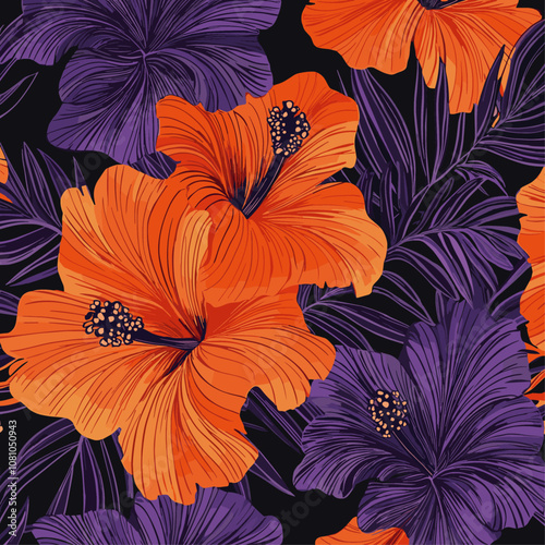 Bold tropical pattern with dark green and orange stems, trendy style on a soft black backdrop, vibrant look, perfect for wallpaper and fabric design, vector illustration. photo