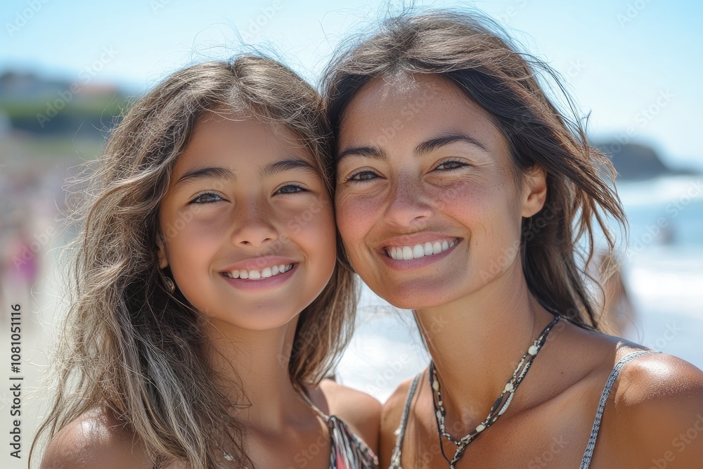 Mother and daughter smiling together on a sunny beach Mother and daughter smiling together on a sunny beach