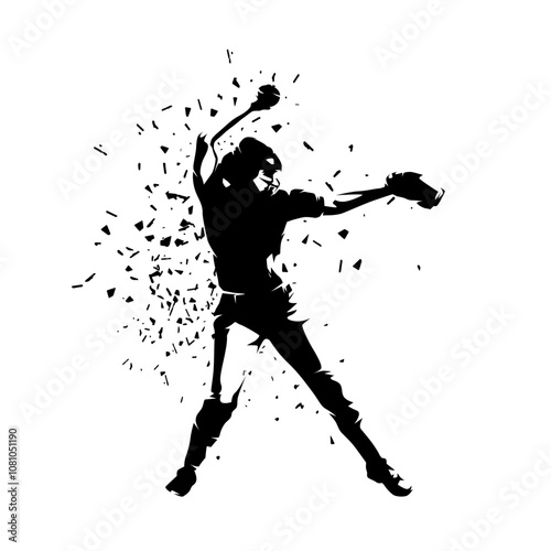 Woman playing softball, women's team sport, isolated vector silhouette. Dispersion effect