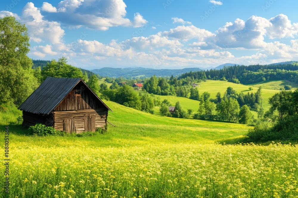Picturesque spring landscape featuring blooming meadows and traditional wooden barn in the foothills