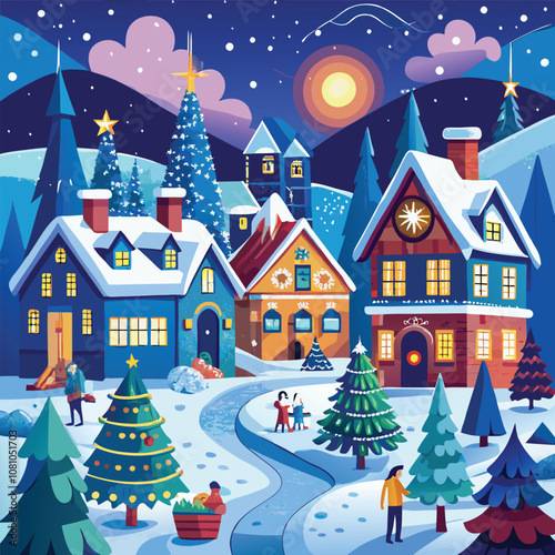 Vibrant winter village at night, snow-covered landscape, festive Christmas illustration