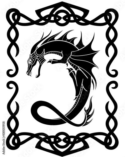 Fire-breathing dragon in a Celtic frame - a vector silhouette picture with a mythological creature. Dragon curved in the shape of the letter C in a frame in the Celtic style.	