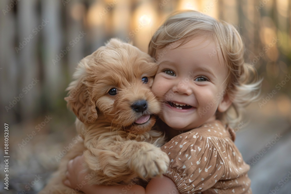 A cheerful young girl is embracing an adorable golden puppy while beaming with happiness. The warm sunlight creates a gentle atmosphere in the background A cheerful young girl is embracing an adorable golden puppy while beaming with happiness. The warm sunlight creates a gentle atmosphere in the background