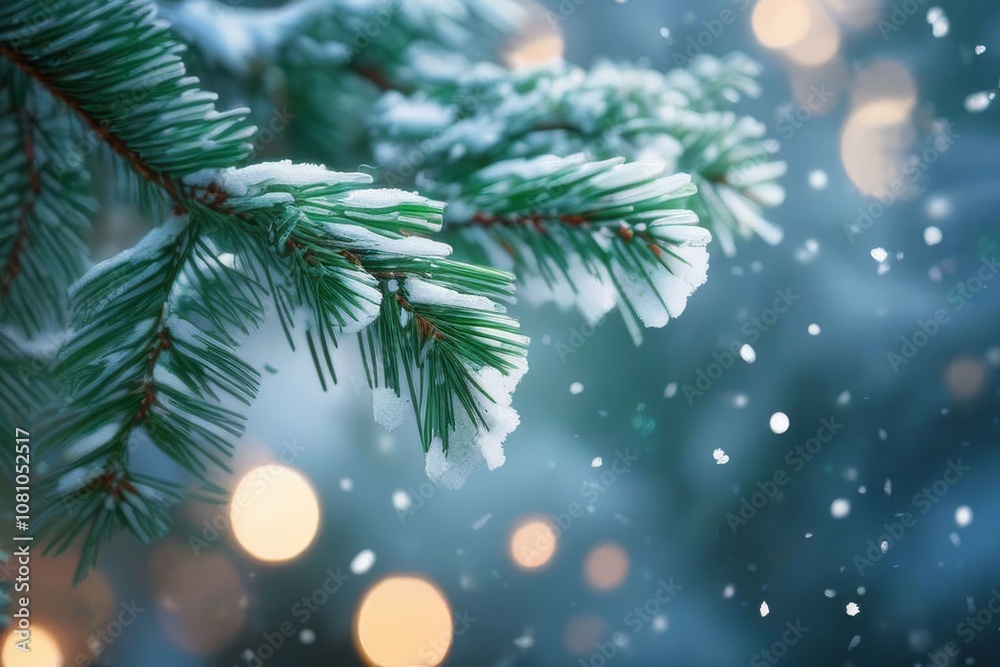 Closeup of Christmas tree with light, snow flake. Christmas and New Year holiday background. vintage color tone.