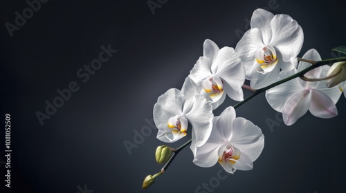 White Orchids in Close-Up Against Dark Background. Phalaenopsis Flower Petals and Buds for Decoration