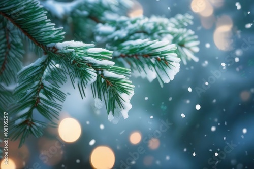 Obraz na płótnie Closeup of Christmas tree with light, snow flake. Christmas and New Year holiday background. vintage color tone. w salonie