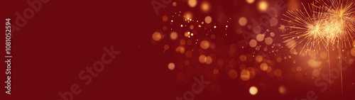 Sylvester, New year's eve, celebration, fireworks on dark red background with golden shining bokeh, banner, greeting card	
