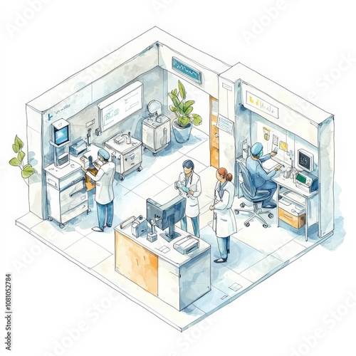 Isometric Watercolor Hospital Laboratory Scene