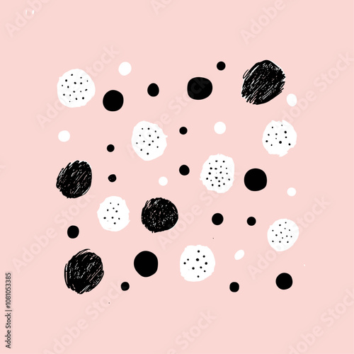 Trendy pattern with polka dot print mix of hand-drawn black and white dots scattered on a soft pink background, artistic wallpaper, vector illustration, textile design.