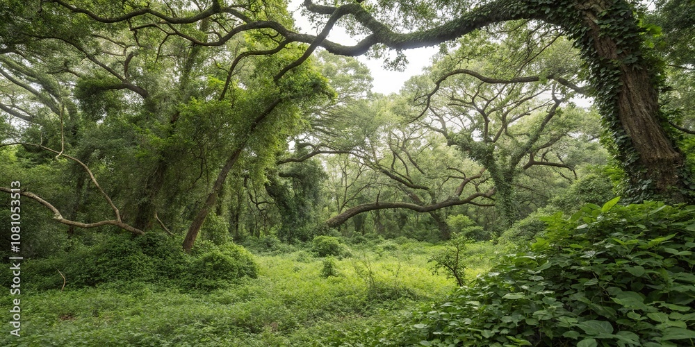 Overgrown forest with dense foliage and twisted tree branches in the background, forest, landscape Overgrown forest with dense foliage and twisted tree branches in the background, forest, landscape