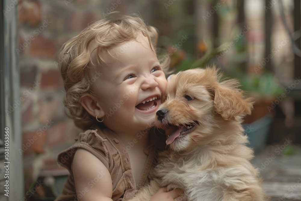 A young girl with curly hair beams with joy as she holds her playful puppy close, enjoying a moment of happiness together in a sunny garden surrounded by plants A young girl with curly hair beams with joy as she holds her playful puppy close, enjoying a moment of happiness together in a sunny garden surrounded by plants