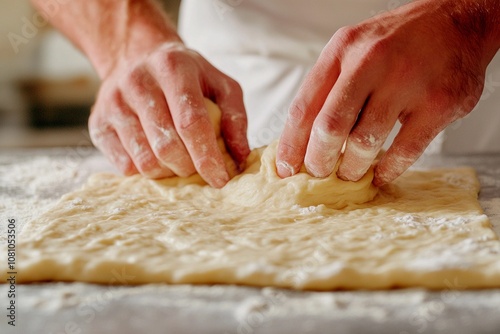 Hands skillfully kneading dough on a flour-dusted kitchen countertop. Generative AI photo