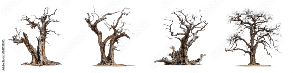 Set of Ancient Leafless Trees with Unique Twisted Branches Isolated on Transparent Background Set of Ancient Leafless Trees with Unique Twisted Branches Isolated on Transparent Background